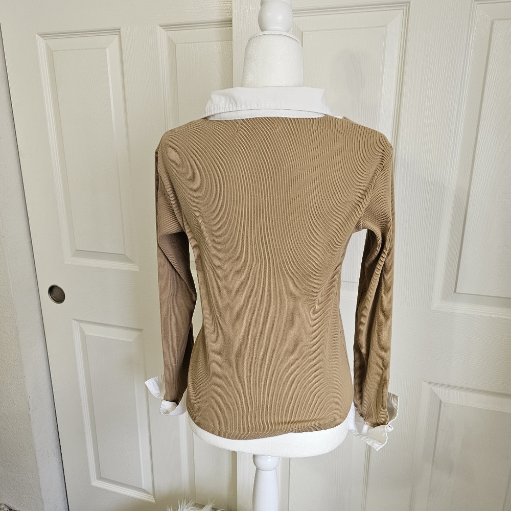 Women's Long Sleeve Collared White and Tan Top MEDIUM - Picture 3 of 4